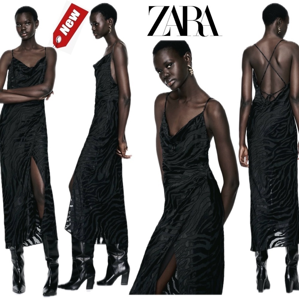 Zara black zebra animal jacquard satin effect midi slip dress Sz M NWT